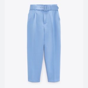 Zara belted trouser pants size M light blue BNWT